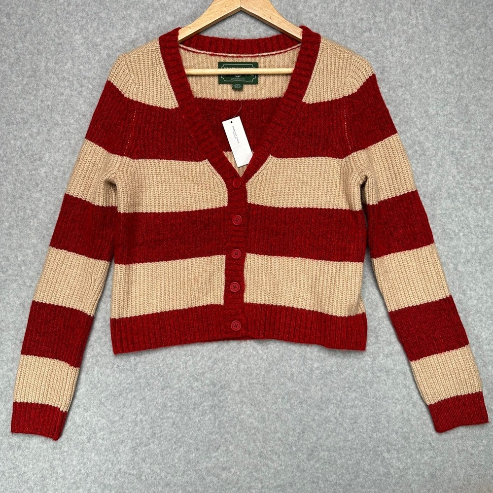 American Eagle Striped V Neck Button Up Cardigan Rugby Sweater Womens M Red Tan